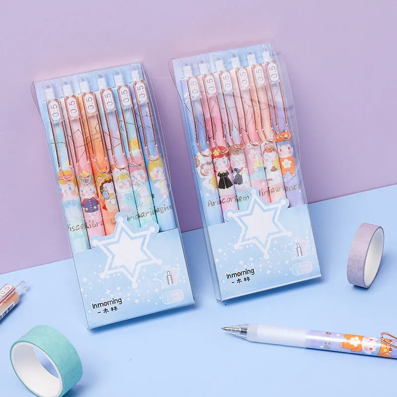 Set of six constellation-themed press gel pens with 0.5mm tips in plastic shells