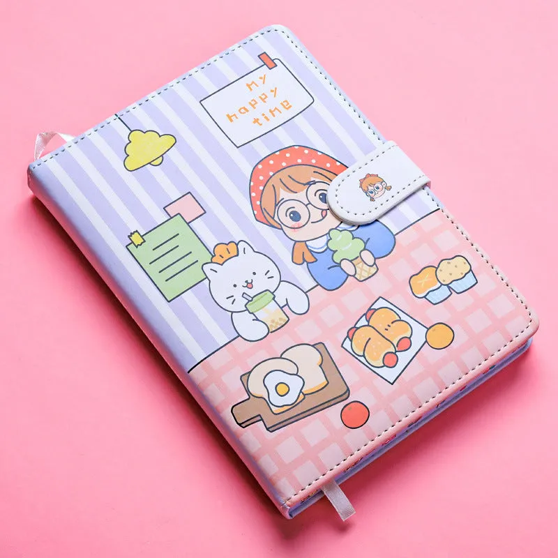 White Kaba Bear Hippo A6 notebook with magnetic buckle and heart design, showing size next to a pen.