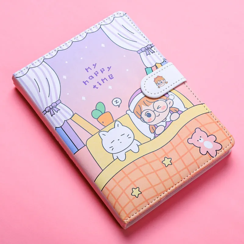 White Kaba Bear Hippo A6 notebook with magnetic buckle and heart design, showing size next to a pen.