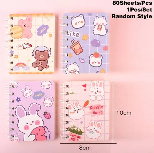 Student flip coil notebook with cloth cover, 105x80mm dimensions, screw binding, and carry-on pocket