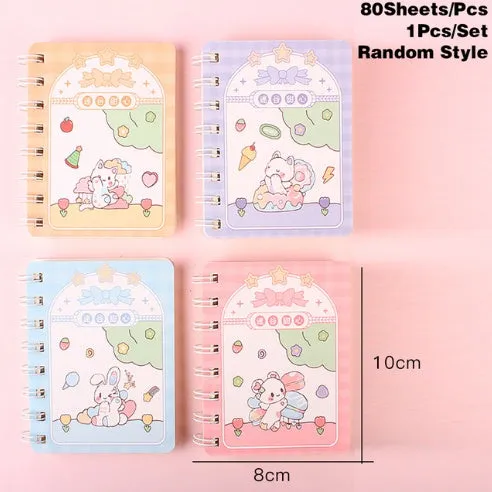 Student flip coil notebook with cloth cover, 105x80mm dimensions, screw binding, and carry-on pocket