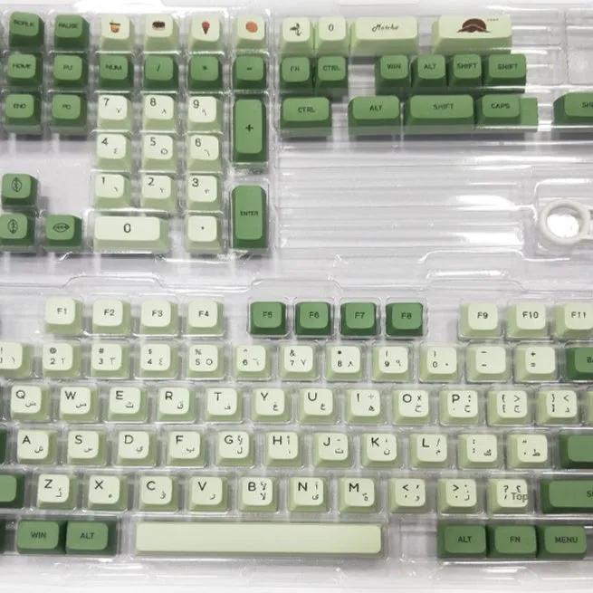 Set of 124 matcha green PBT keycaps with white legends for a mechanical keyboard