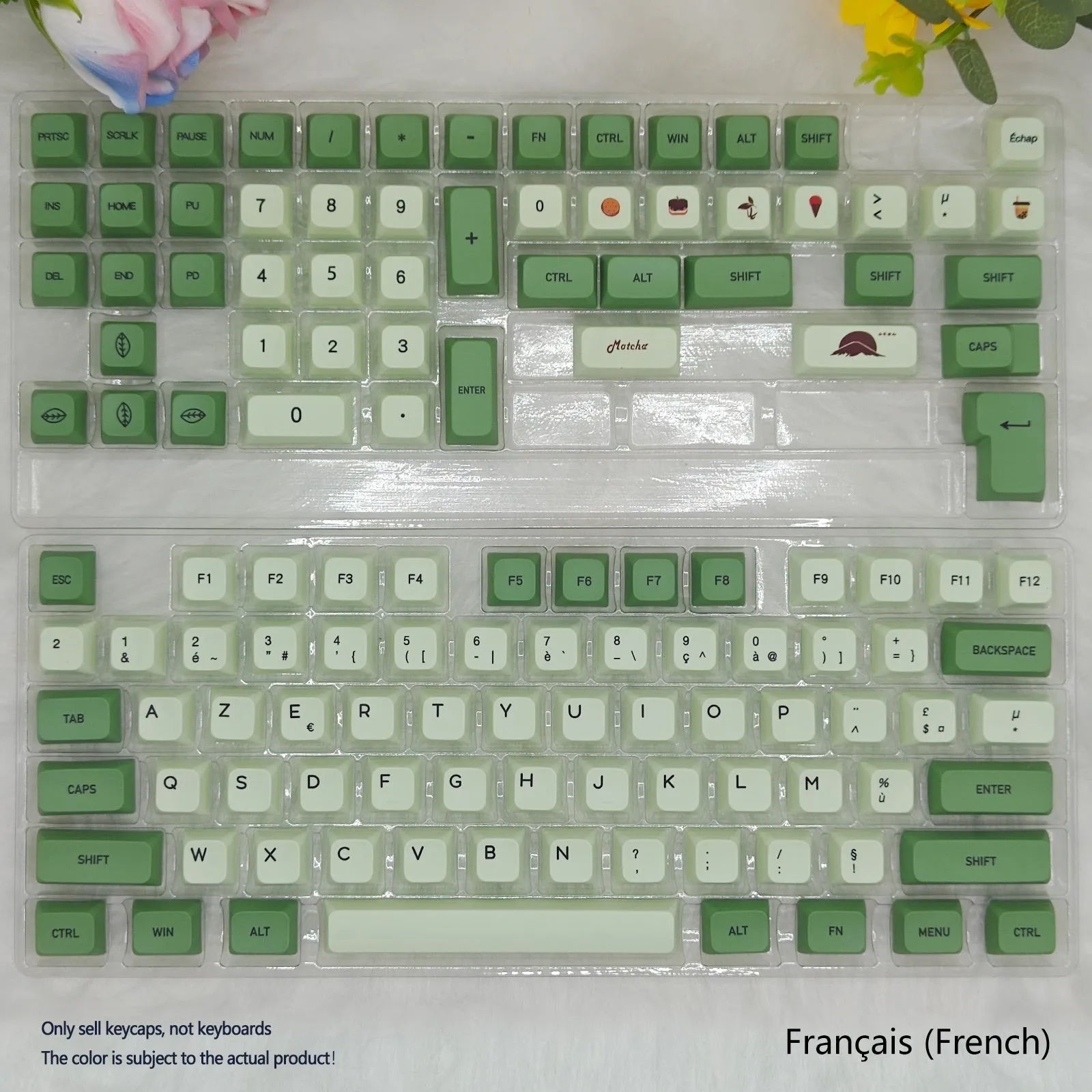 Set of 124 matcha green PBT keycaps with white legends for a mechanical keyboard