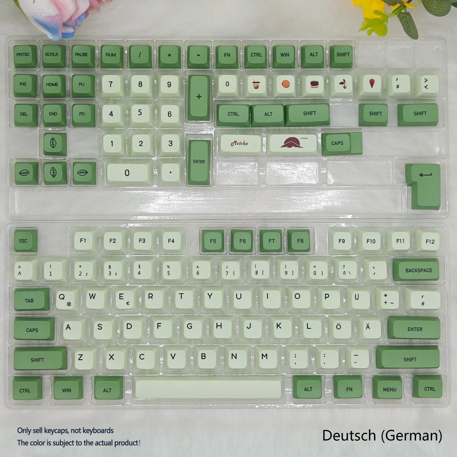 Set of 124 matcha green PBT keycaps with white legends for a mechanical keyboard