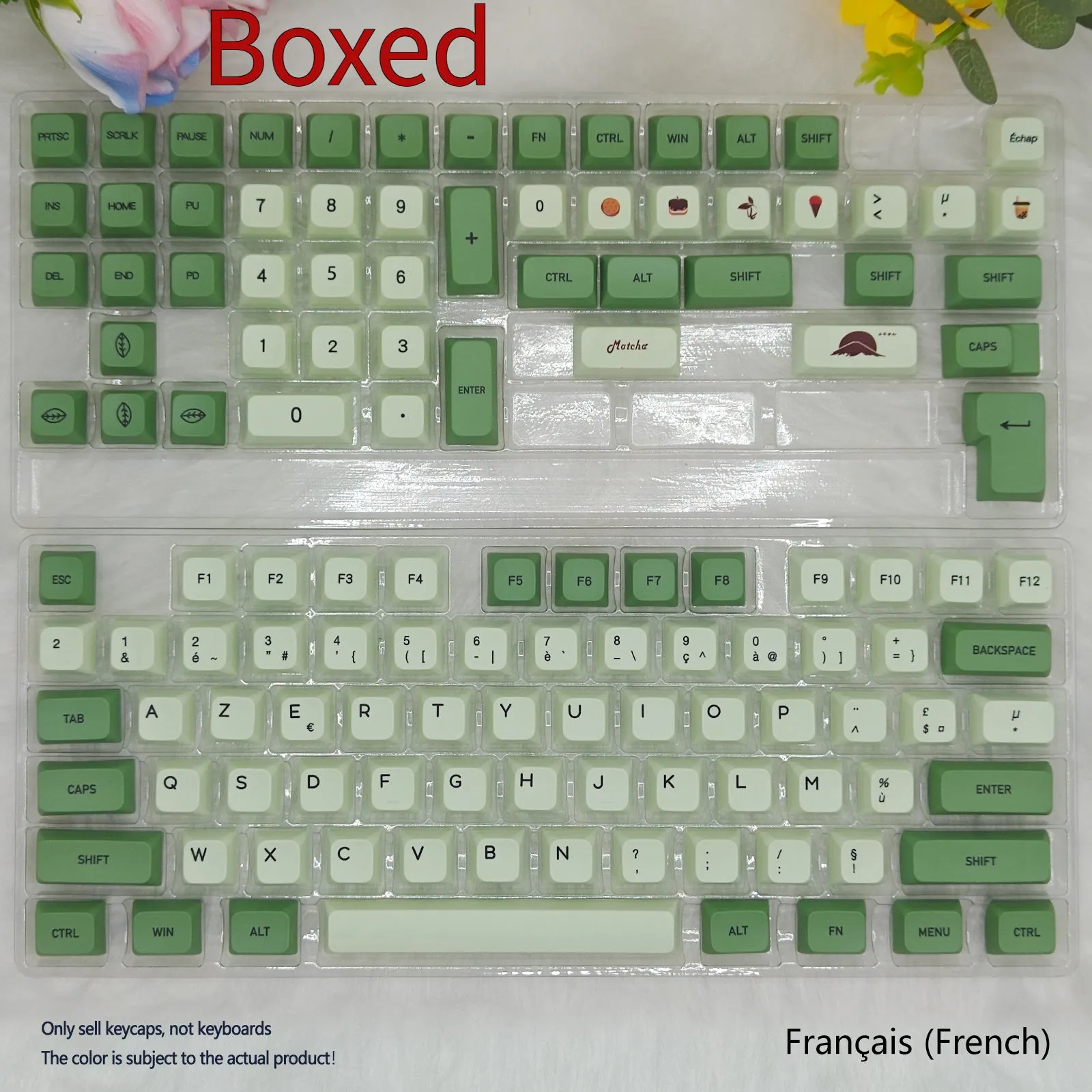 Set of 124 matcha green PBT keycaps with white legends for a mechanical keyboard