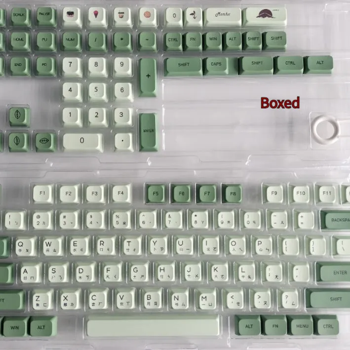 Set of 124 matcha green PBT keycaps with white legends for a mechanical keyboard