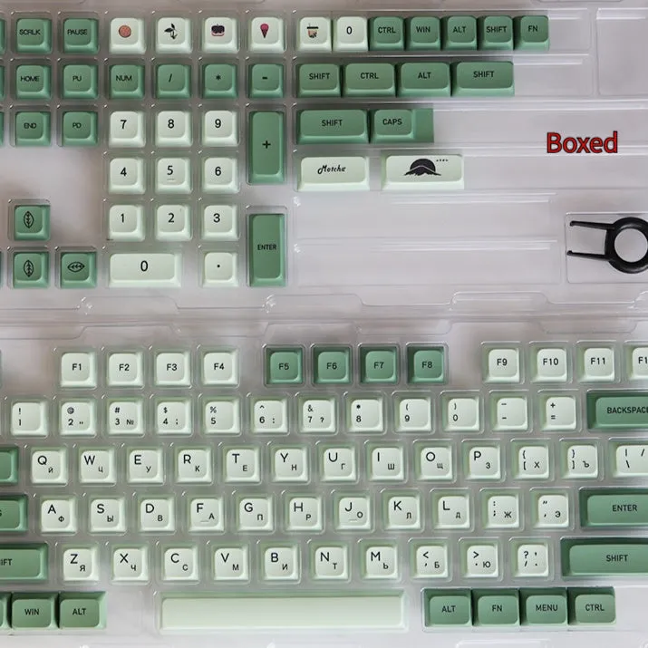 Set of 124 matcha green PBT keycaps with white legends for a mechanical keyboard
