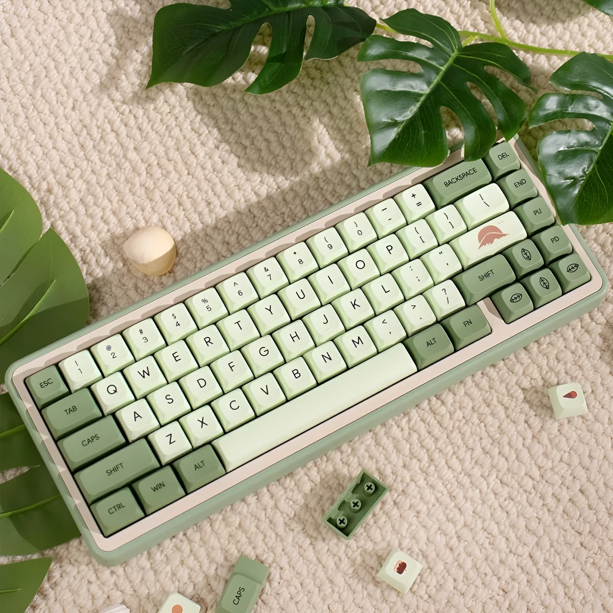 Set of 124 matcha green PBT keycaps with white legends for a mechanical keyboard
