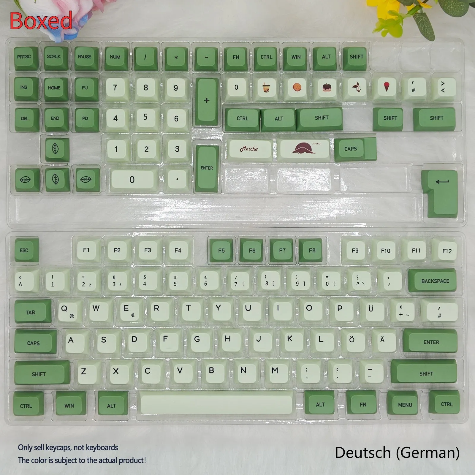 Set of 124 matcha green PBT keycaps with white legends for a mechanical keyboard