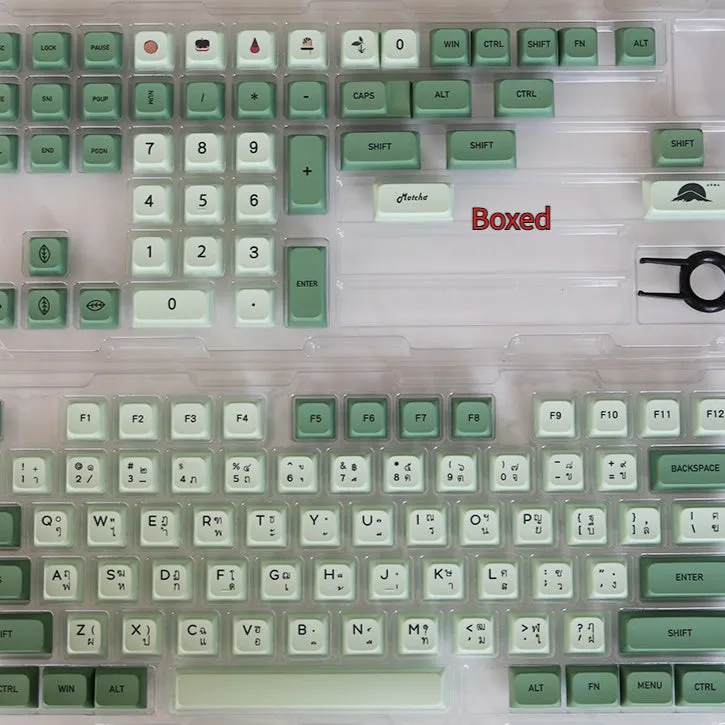 Set of 124 matcha green PBT keycaps with white legends for a mechanical keyboard