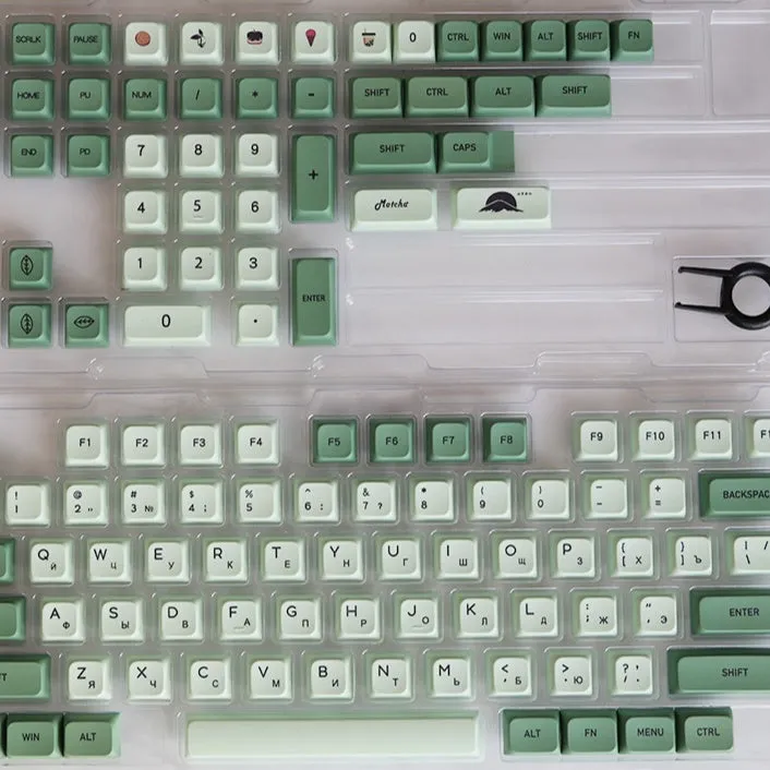 Set of 124 matcha green PBT keycaps with white legends for a mechanical keyboard