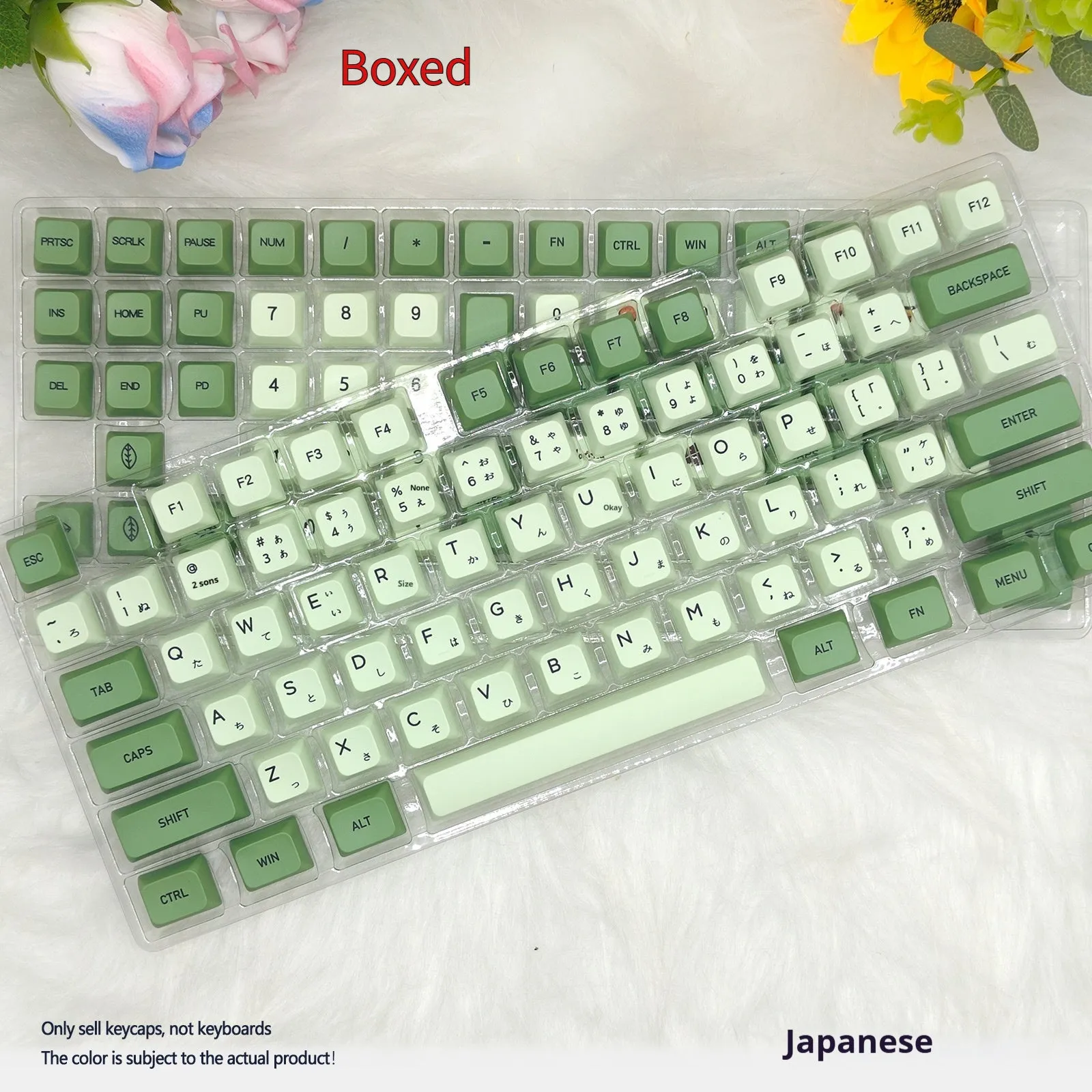 Set of 124 matcha green PBT keycaps with white legends for a mechanical keyboard
