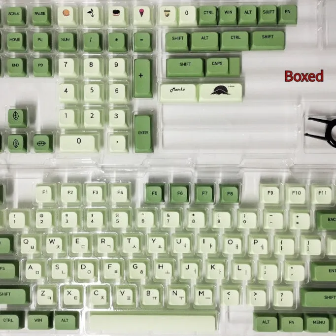 Set of 124 matcha green PBT keycaps with white legends for a mechanical keyboard