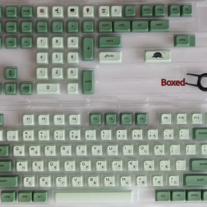 Set of 124 matcha green PBT keycaps with white legends for a mechanical keyboard