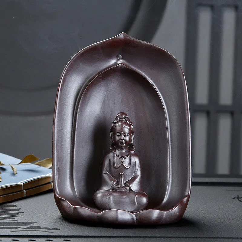 Ceramic Guanyin sitting lotus back flow incense burner for Buddhist altars