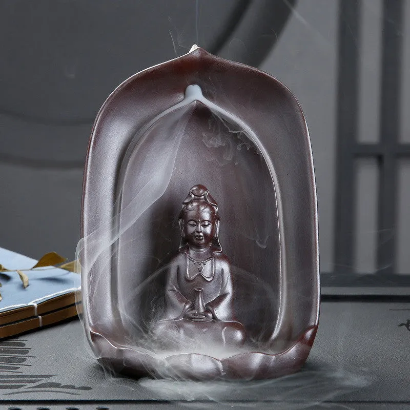 Ceramic Guanyin sitting lotus back flow incense burner for Buddhist altars