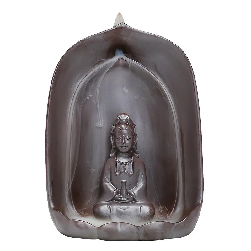 Ceramic Guanyin sitting lotus back flow incense burner for Buddhist altars