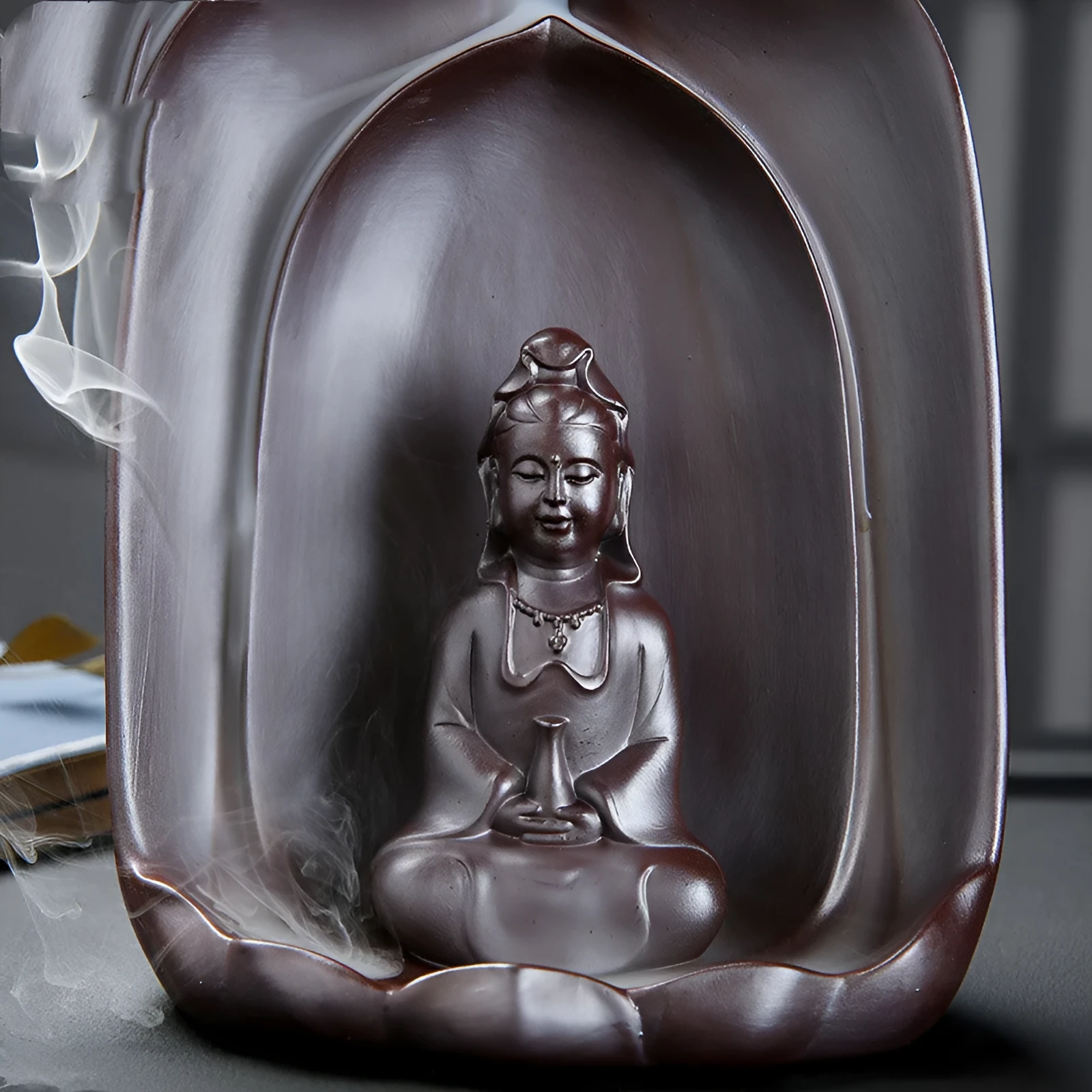 Ceramic Guanyin sitting lotus back flow incense burner for Buddhist altars