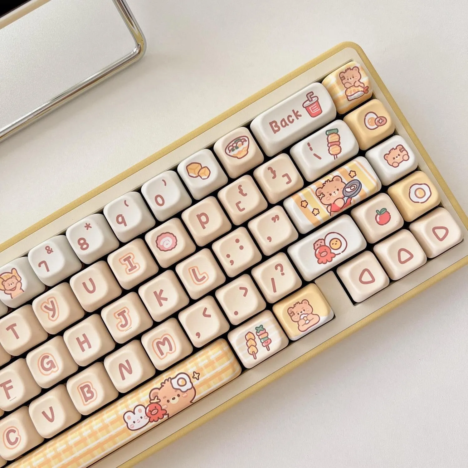 Rabbit Bear Restaurant themed PBT keycap set with EOA height profile, showing 140 colourful keycaps with sublimated designs.