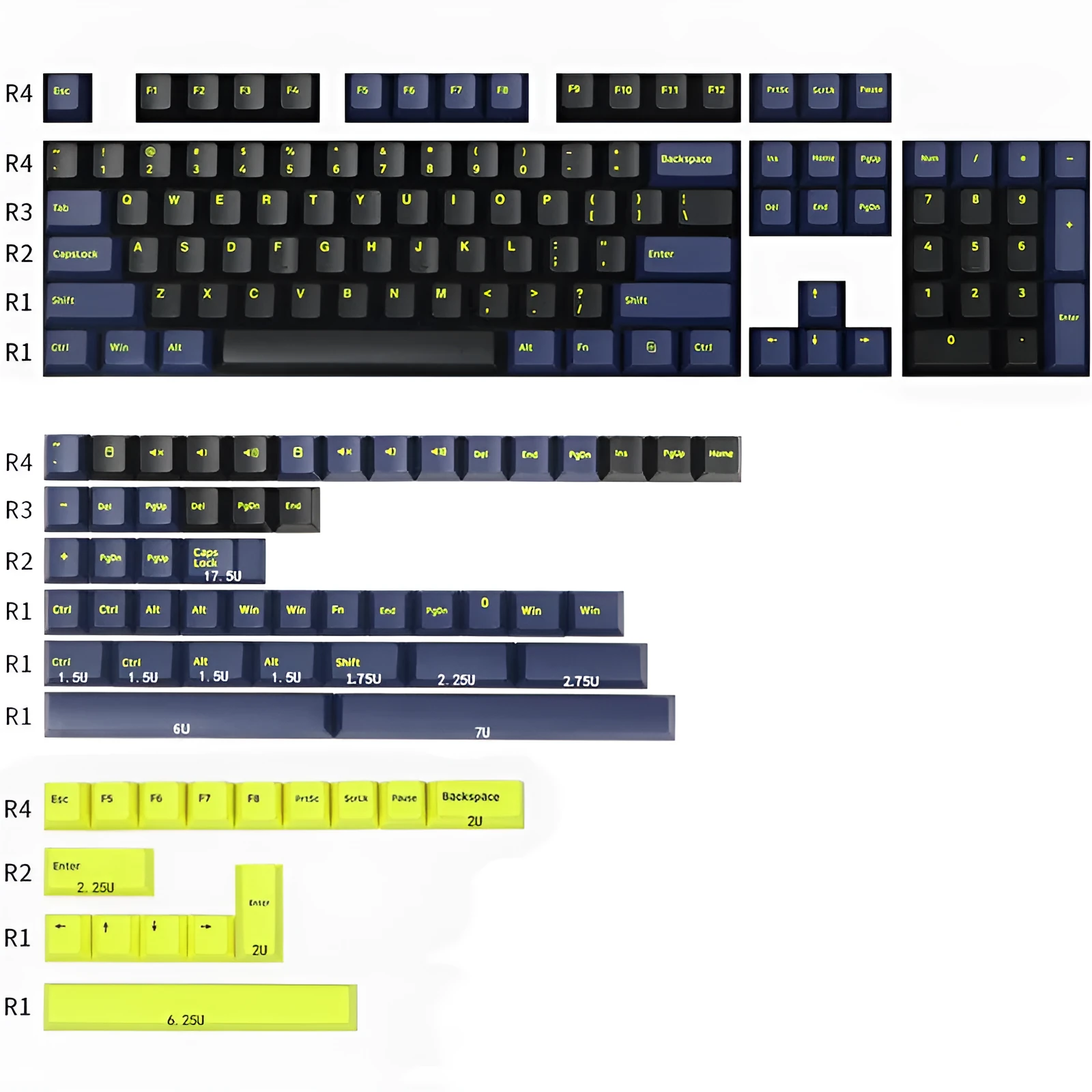 Two-colour PBT mechanical keyboard keycaps in multiple colour configurations