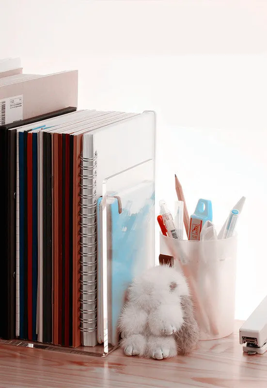 Clear transparent acrylic bookshelf holding a small stack of books on a desk.