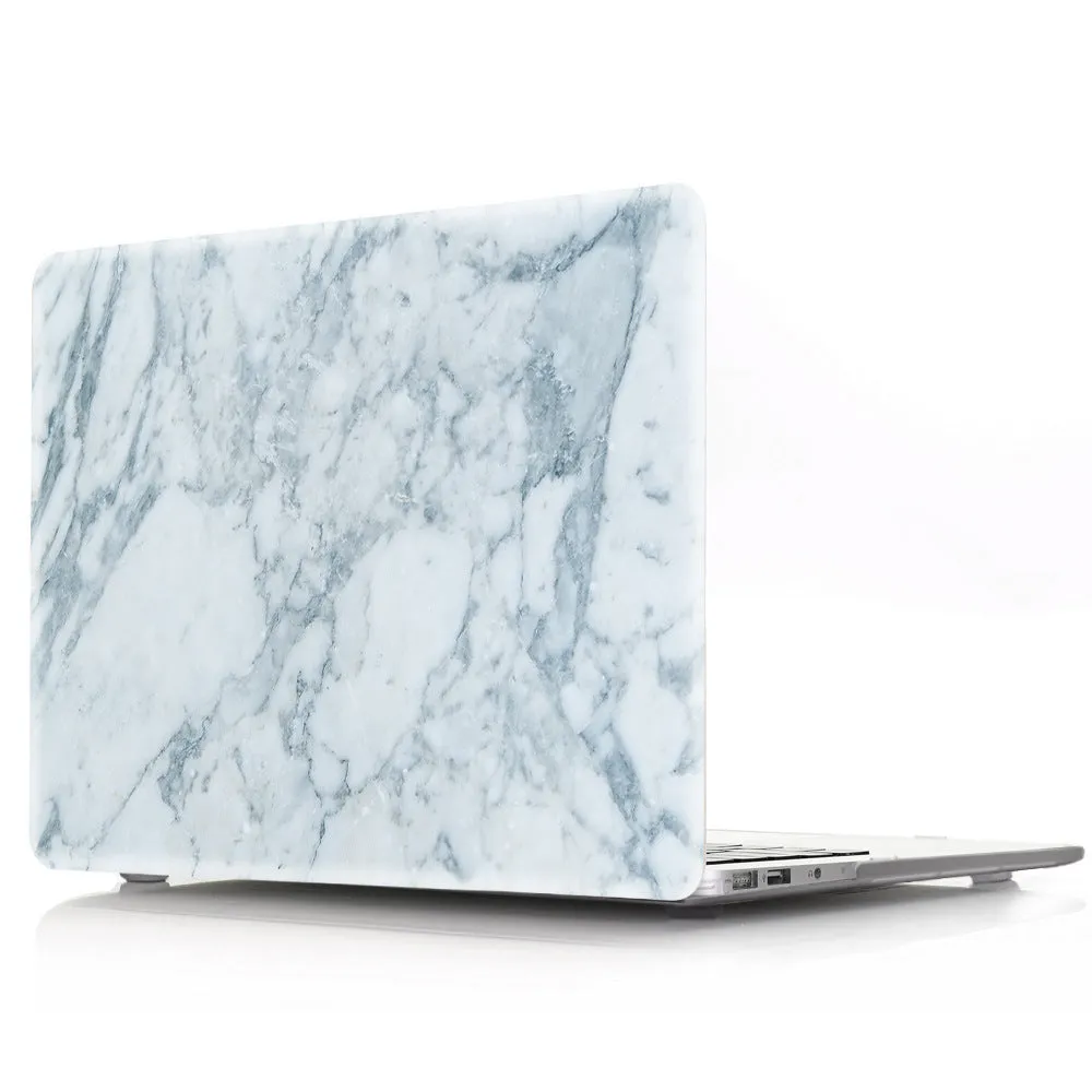 Plastic marble finish protective case for a MacBook laptop in light blue colour.