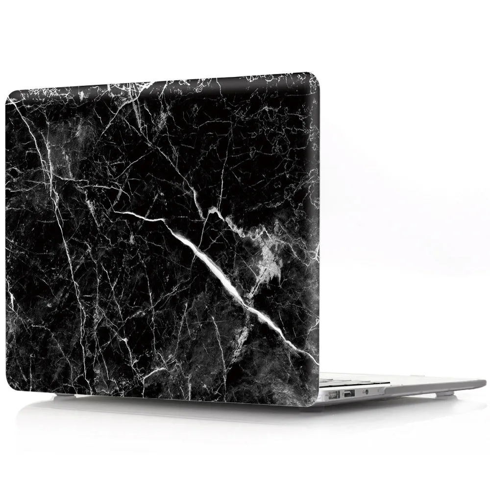 Plastic marble finish protective case for a MacBook laptop in light blue colour.