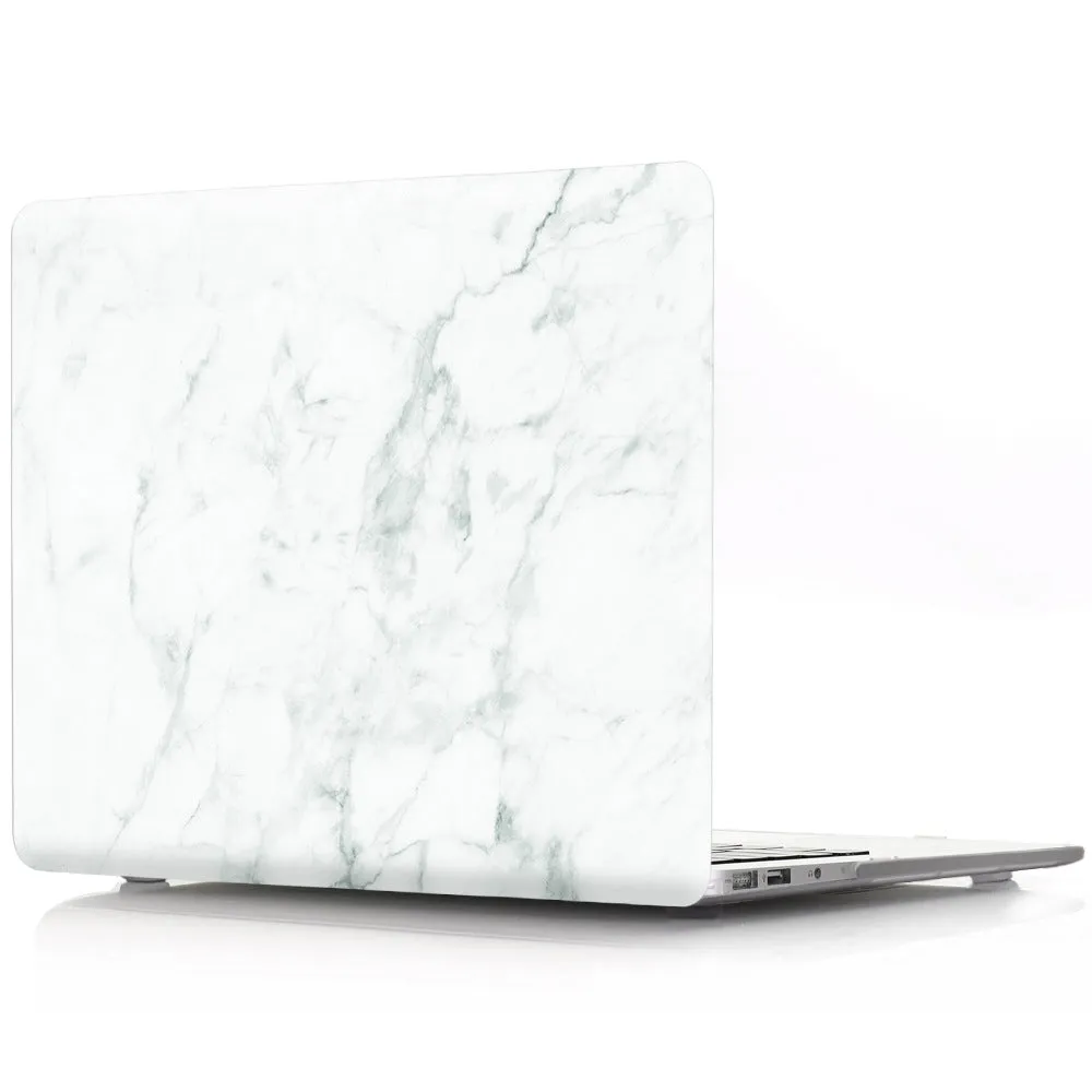 Plastic marble finish protective case for a MacBook laptop in light blue colour.