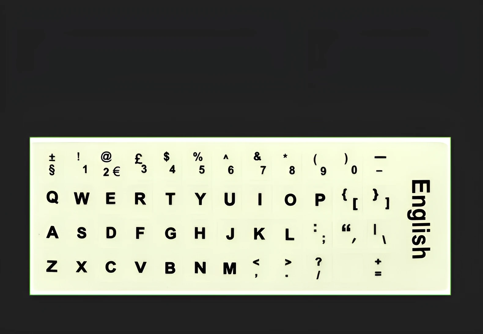 Yellow glowing PVC keyboard stickers with Arabic, Thai, Hebrew, French, Italian, and German language characters