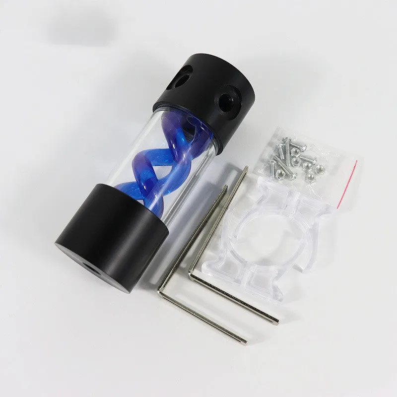 155mm long cylindrical water cooling reservoir tank in blue with 50mm diameter for PC and motorcycle cooling systems.