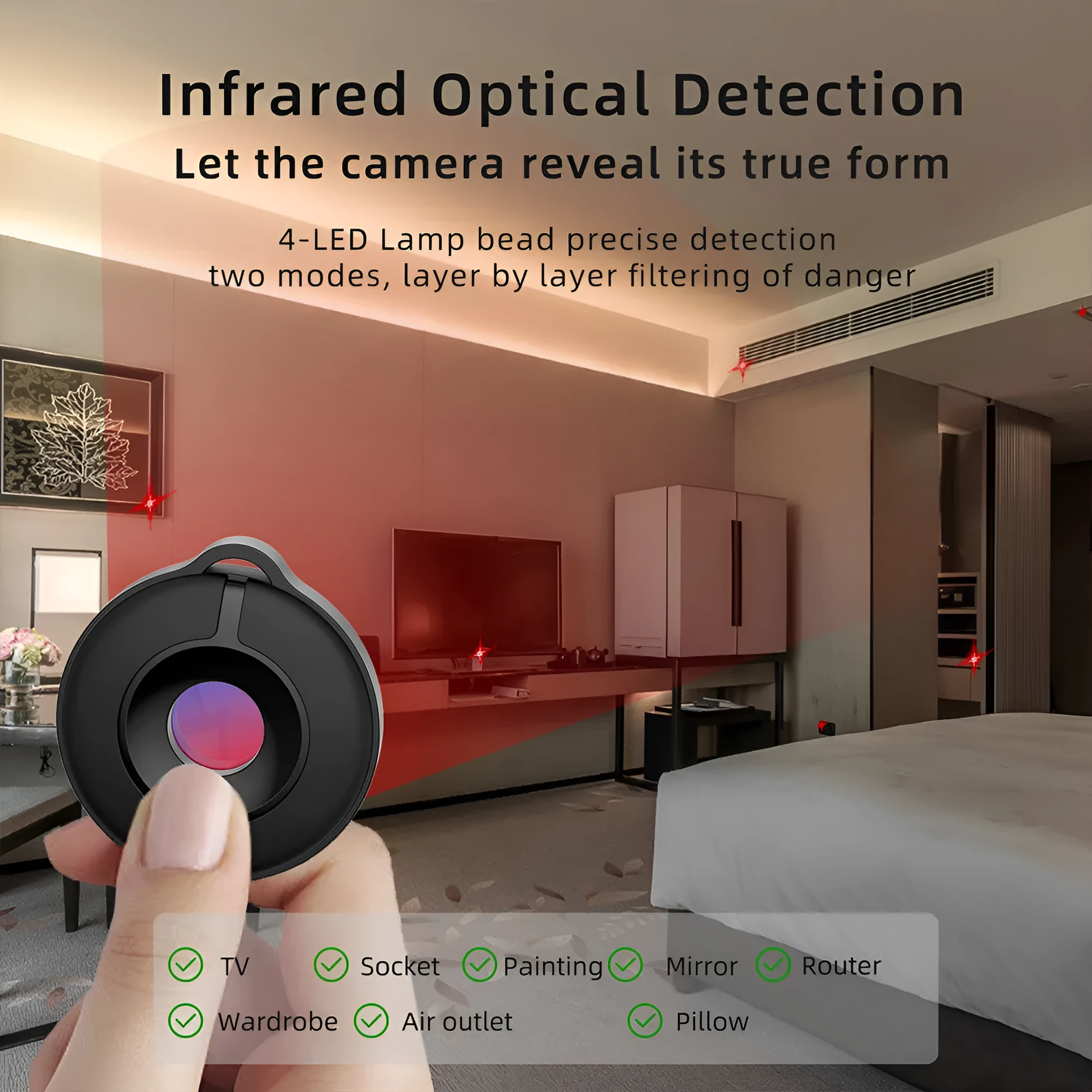 Compact handheld infrared camera detector for finding hidden spy cameras.