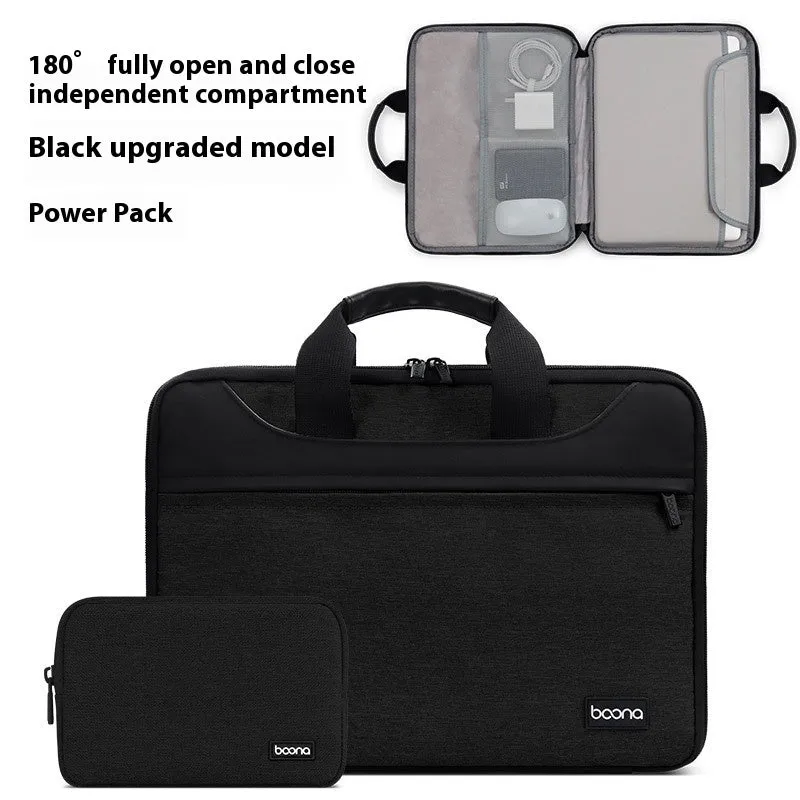 Black Oxford cloth laptop shoulder bag with soft carry handle for business travel.