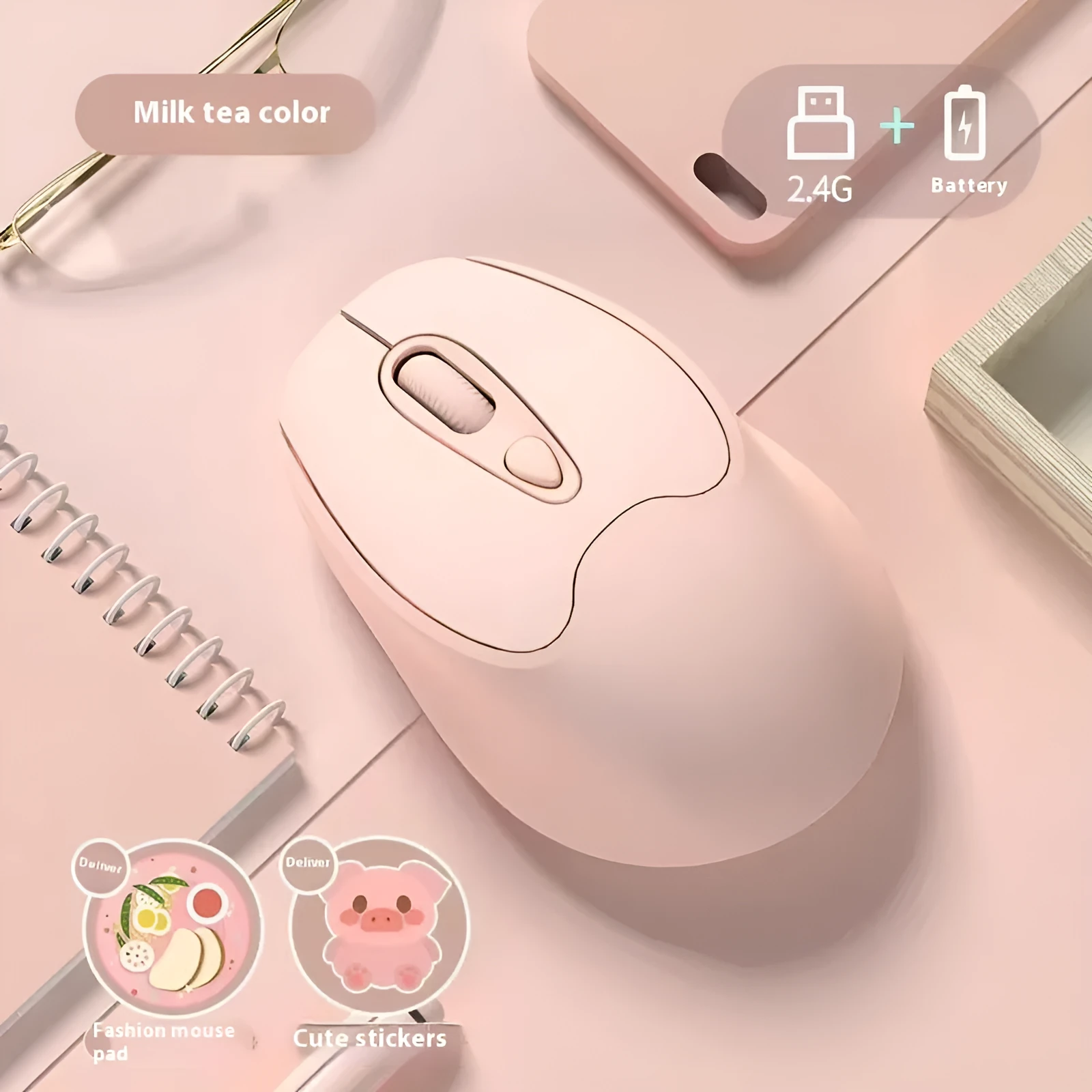 Dual-mode Bluetooth wireless mouse in grey, green, girl pink or milk tea pink, with USB charging cable.