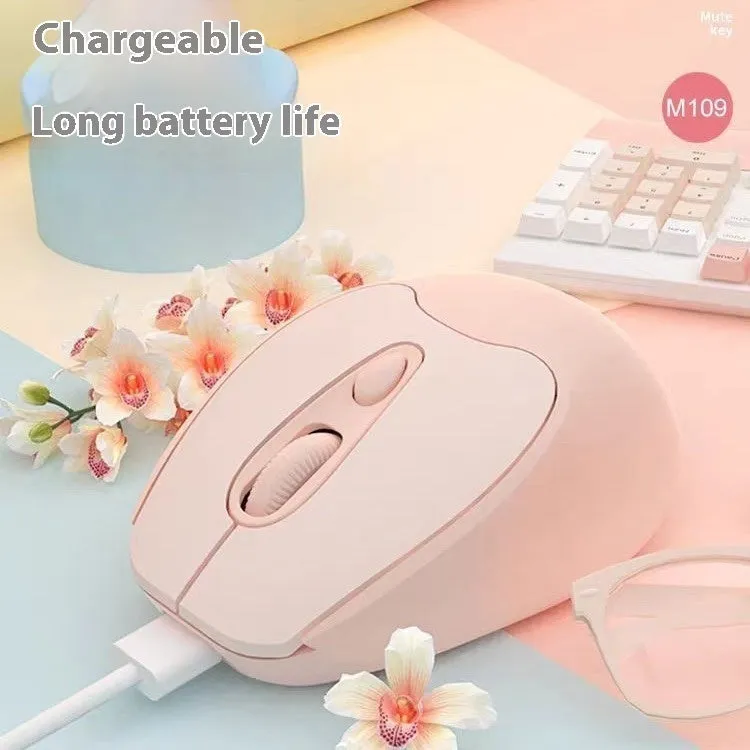 Dual-mode Bluetooth wireless mouse in grey, green, girl pink or milk tea pink, with USB charging cable.