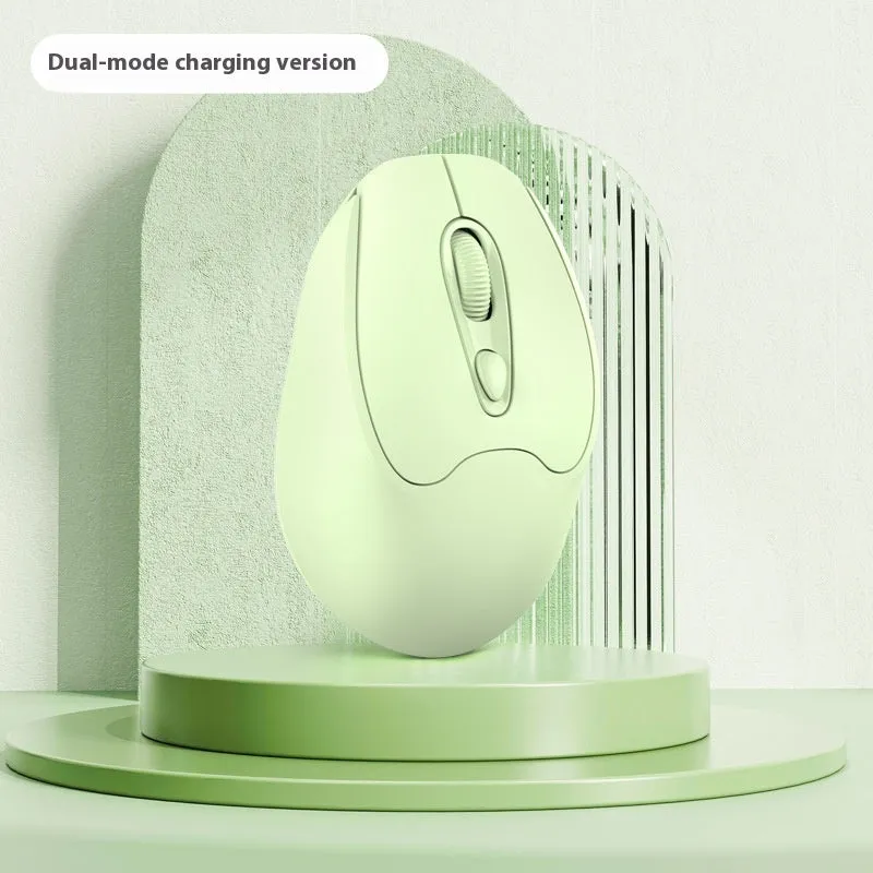Dual-mode Bluetooth wireless mouse in grey, green, girl pink or milk tea pink, with USB charging cable.