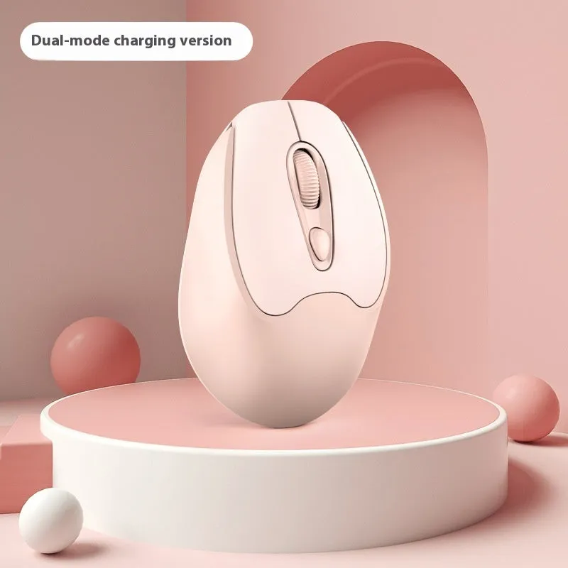 Dual-mode Bluetooth wireless mouse in grey, green, girl pink or milk tea pink, with USB charging cable.