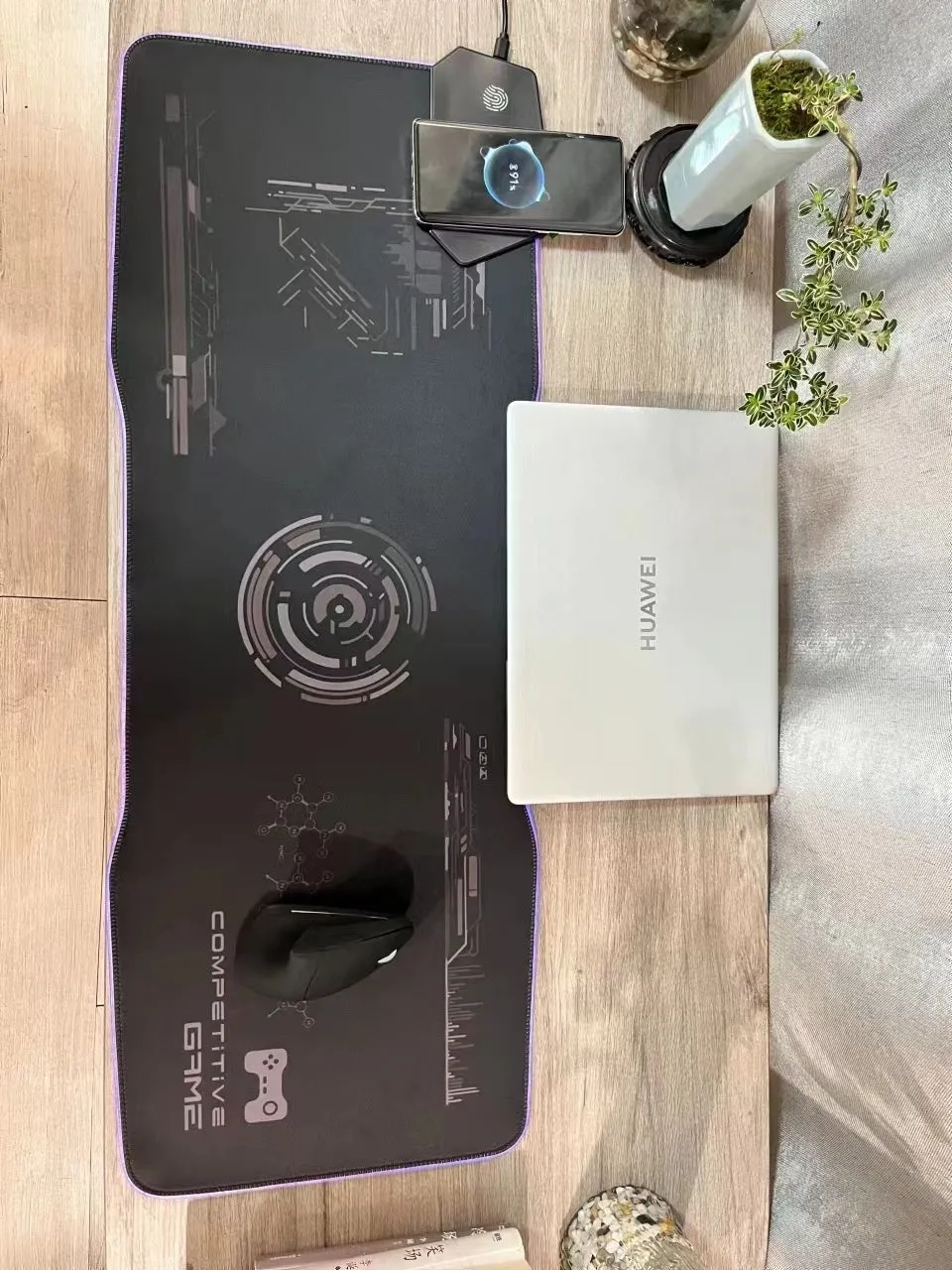 Black mech style gaming mouse mat with TYPC charging interface and 300x800mm dimensions