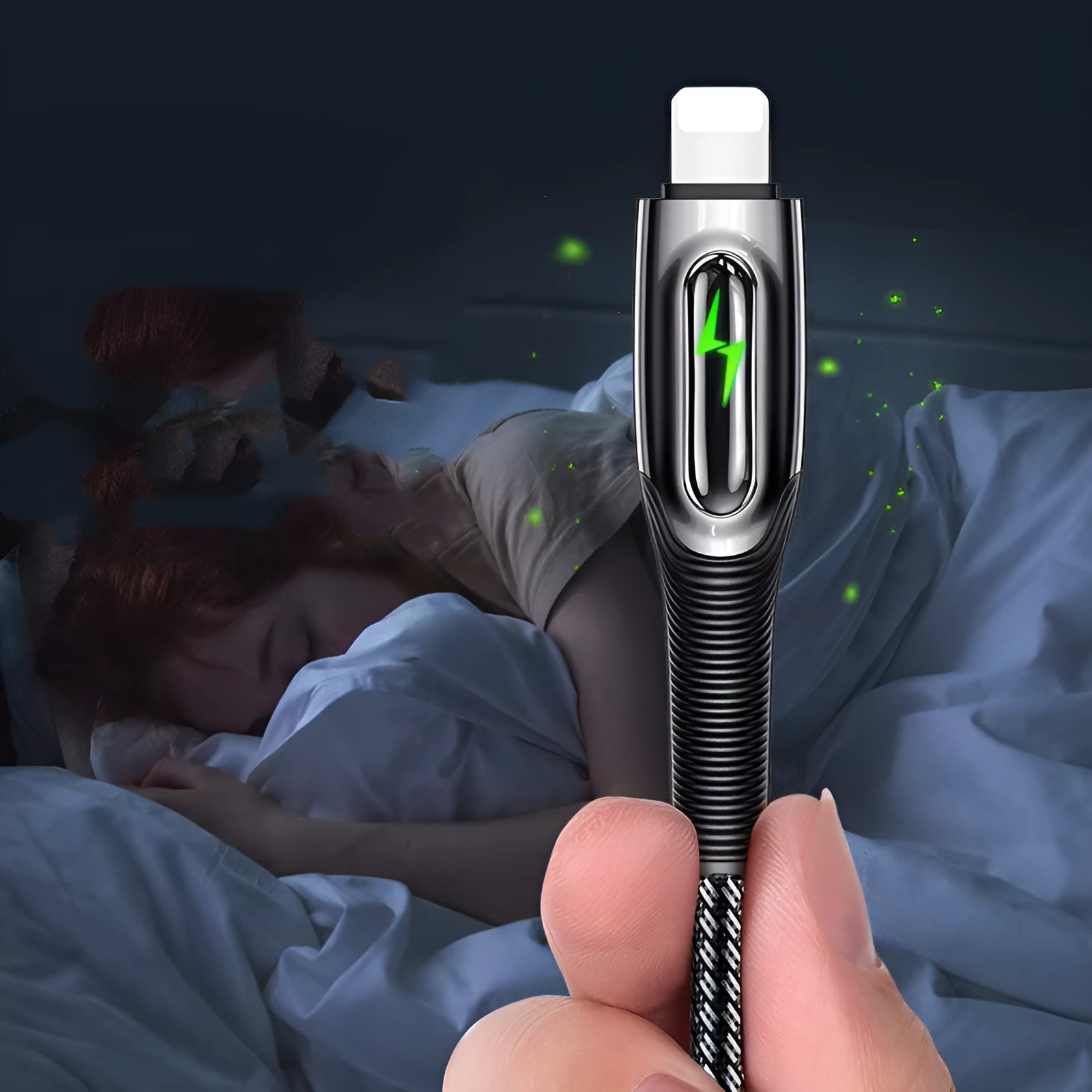 Black braided Lightning to USB cable with zinc alloy connectors for iPhone charging.