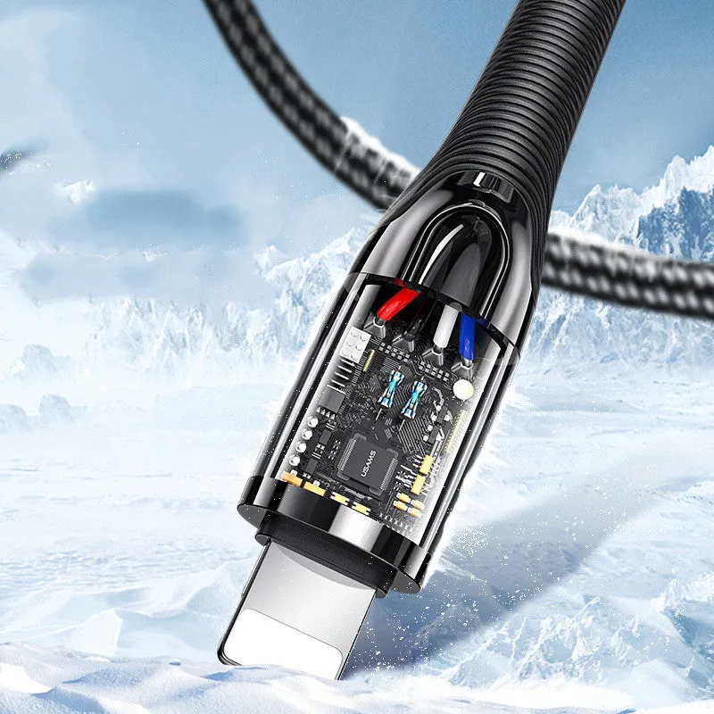 Black braided Lightning to USB cable with zinc alloy connectors for iPhone charging.