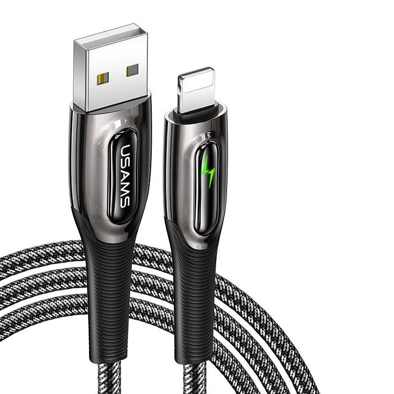 Black braided Lightning to USB cable with zinc alloy connectors for iPhone charging.