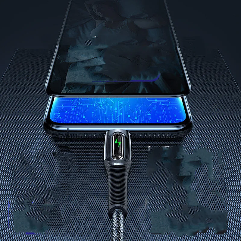 Black braided Lightning to USB cable with zinc alloy connectors for iPhone charging.