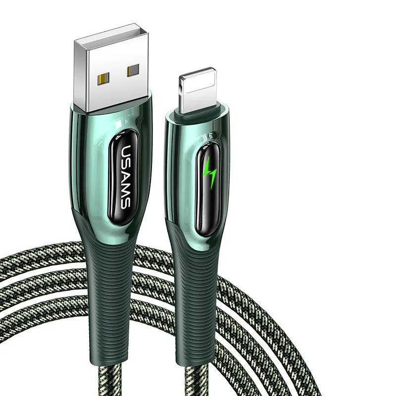 Black braided Lightning to USB cable with zinc alloy connectors for iPhone charging.