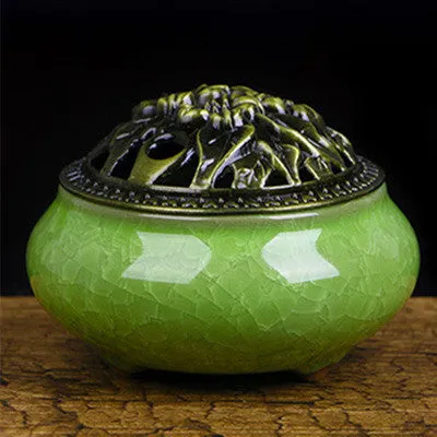 Ceramic retro incense burner with 8cm diameter available in multiple colours including amber yellow and sapphire blue