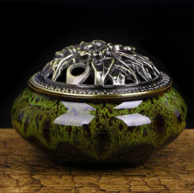 Ceramic retro incense burner with 8cm diameter available in multiple colours including amber yellow and sapphire blue