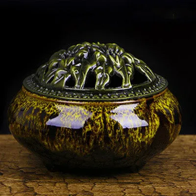 Ceramic retro incense burner with 8cm diameter available in multiple colours including amber yellow and sapphire blue