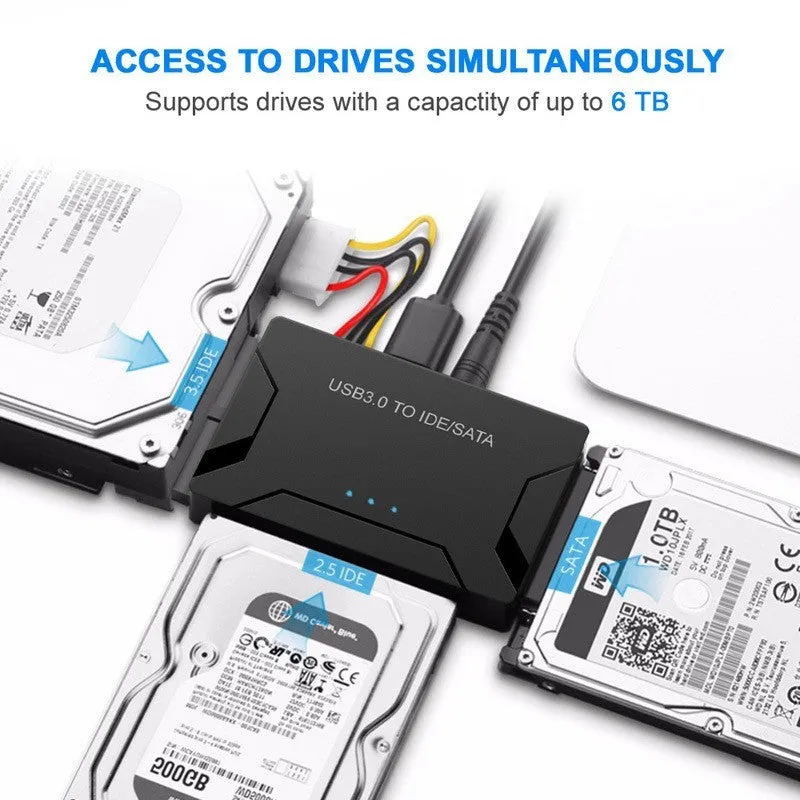 USB 3.0 to IDE and SATA hard drive adapter with cables and power supply for desktop data recovery