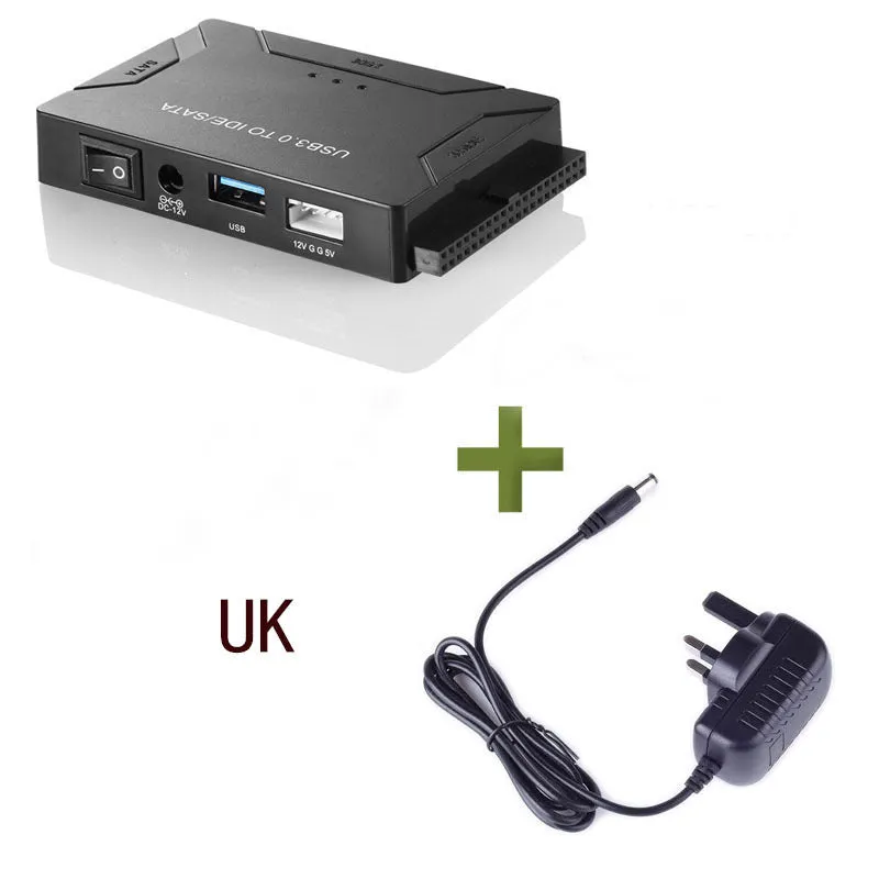 USB 3.0 to IDE and SATA hard drive adapter with cables and power supply for desktop data recovery