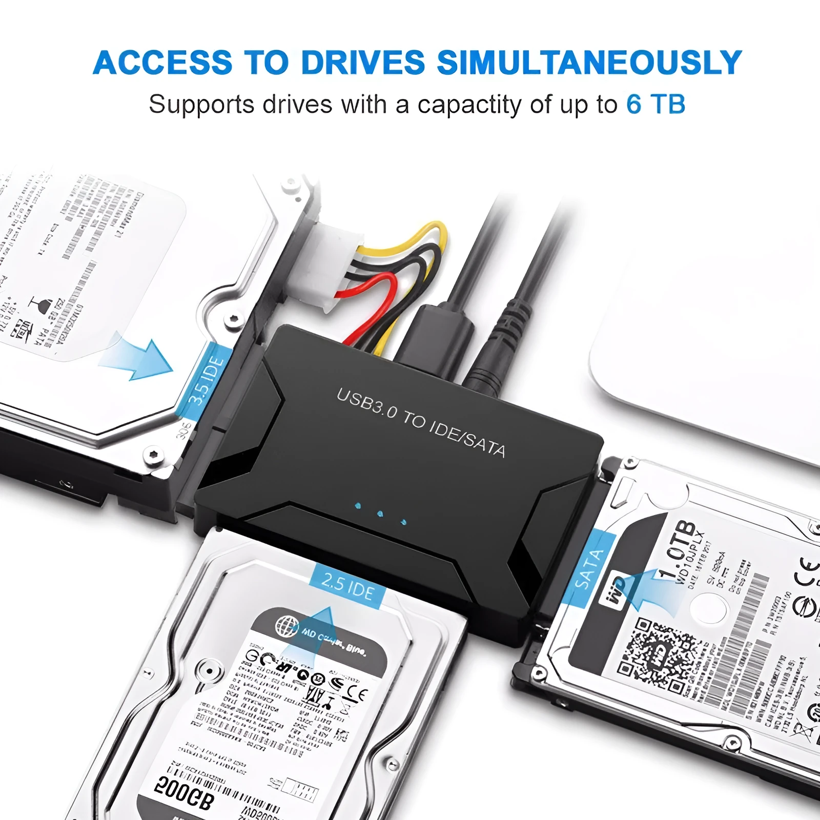 USB 3.0 to IDE and SATA hard drive adapter with cables and power supply for desktop data recovery