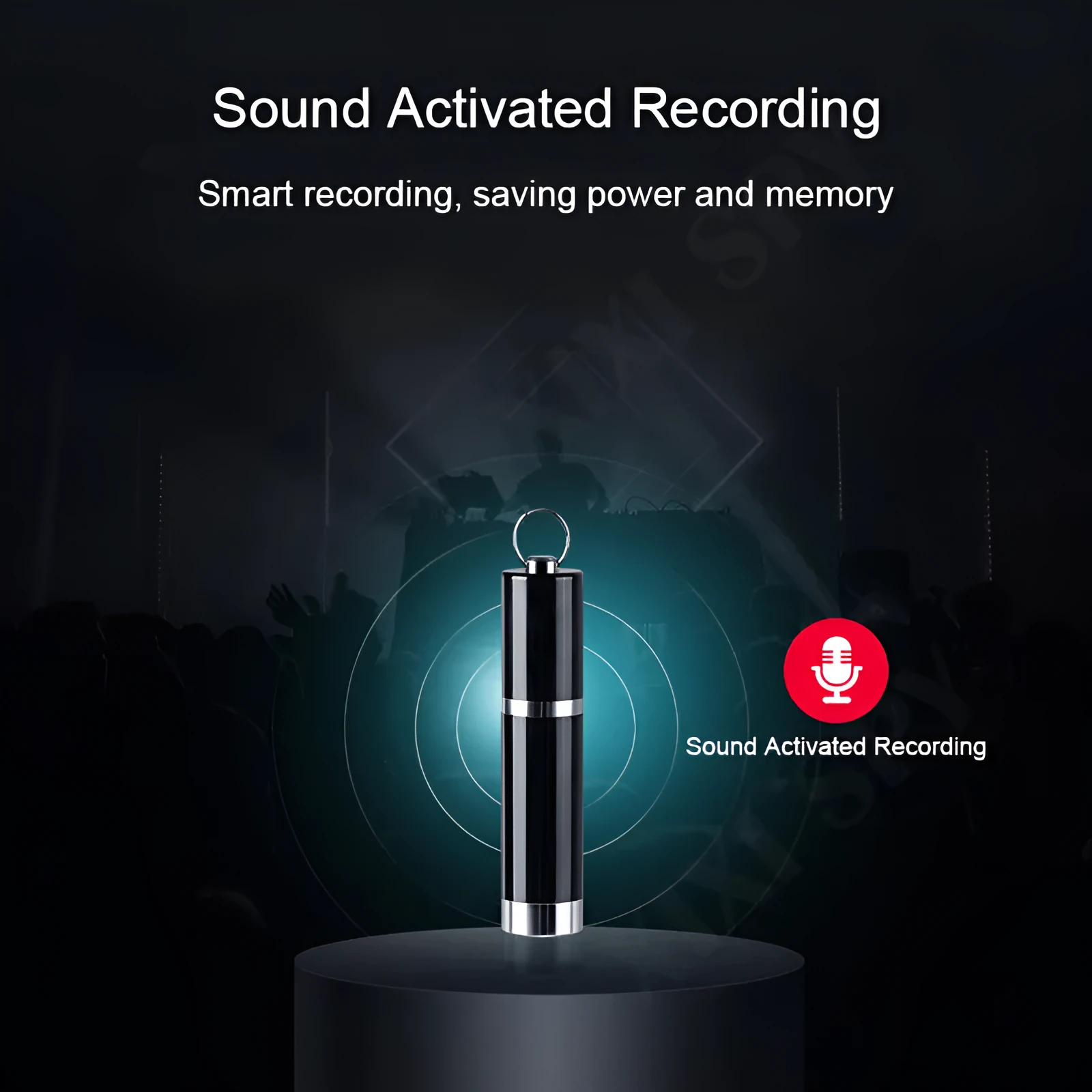 Black metal voice recorder with headset on a table