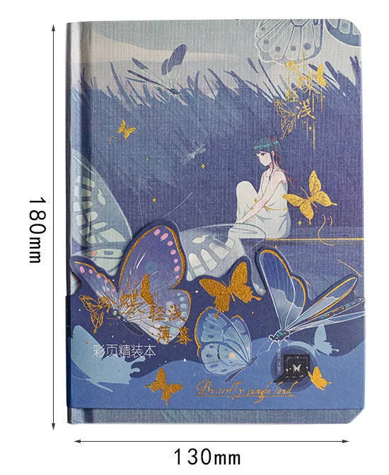 A5 hardcover notebook with decorative butterfly design and colour pages.